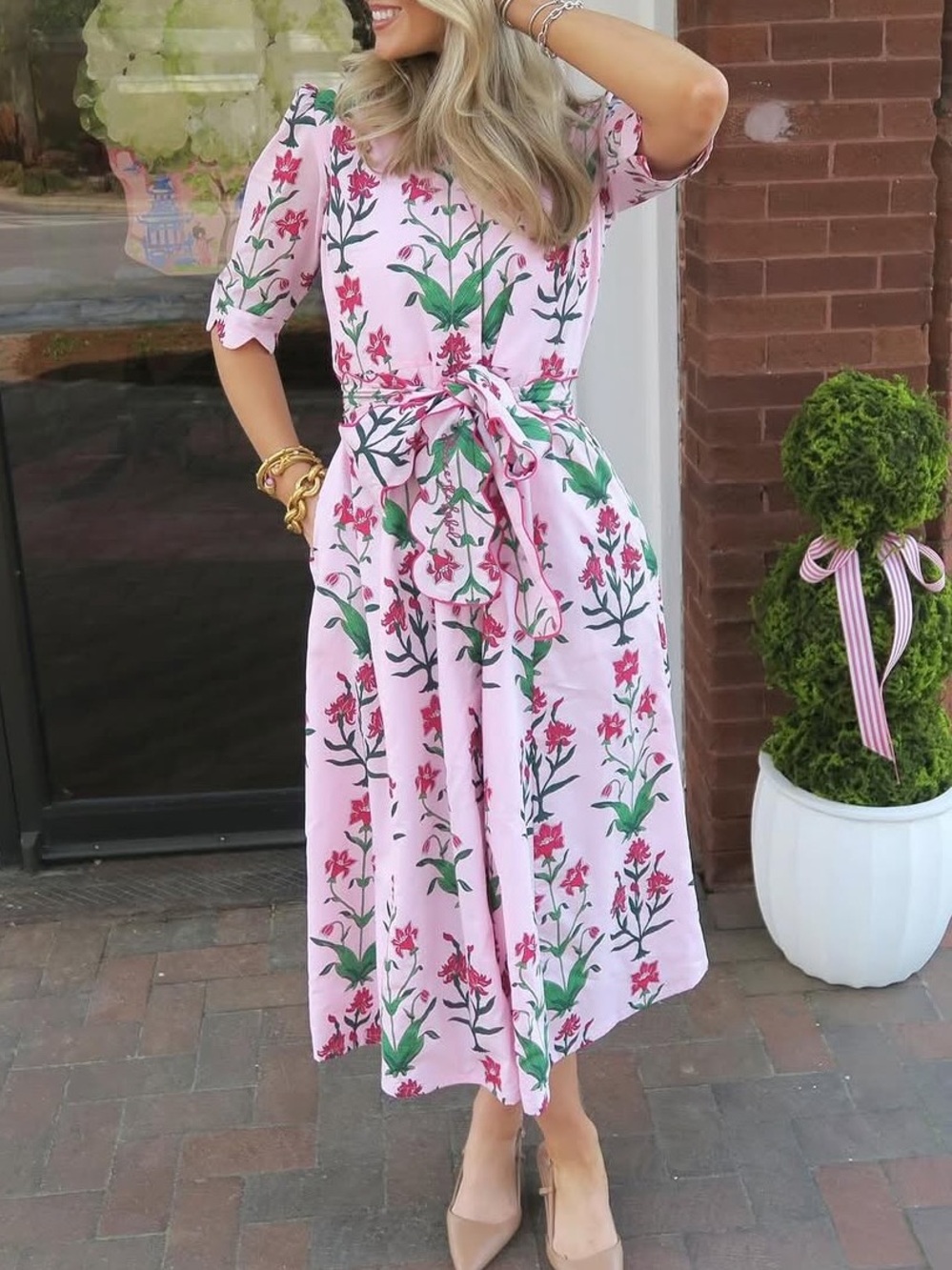 Boutique Floral Pink Button-Front Midi Dress